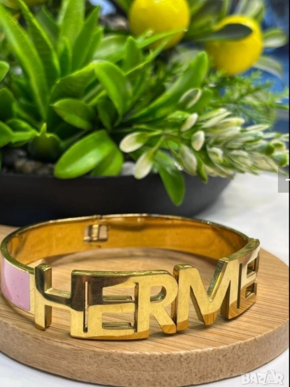 Hermes Gold Logo, Pink Enamel Bracelet